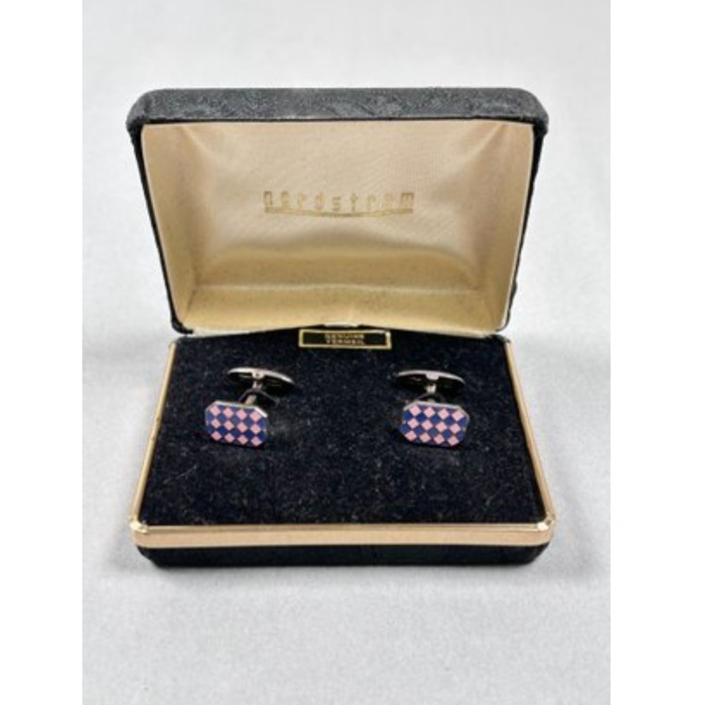 Nordstrom Bullet Back Cufflinks Mens  Pink Blue Genuine Vermeil Enamel Checkered